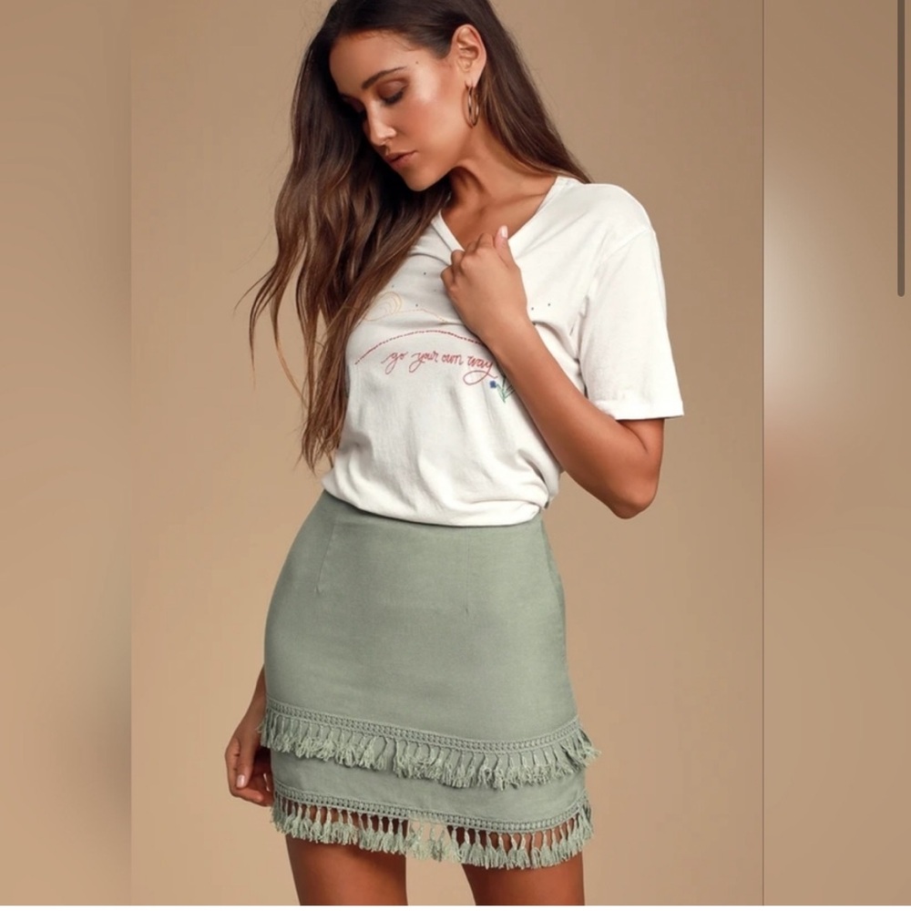 Lulu’s Sekara Sage Green Tassel Mini Skirt